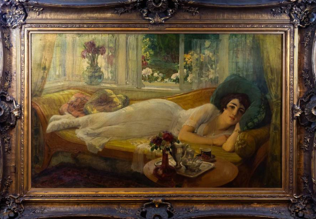 Dama Reclinada — óleo sobre tela, Escola Europeia c.1900